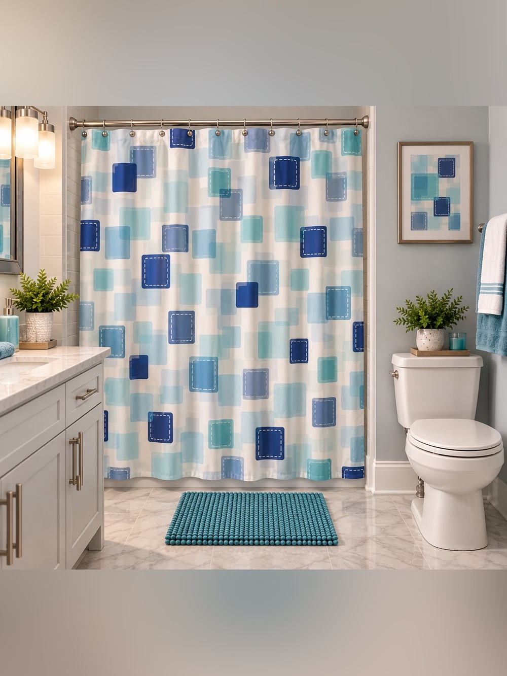 Blue Square Pattern Shower Curtain - Modern Bathroom Style